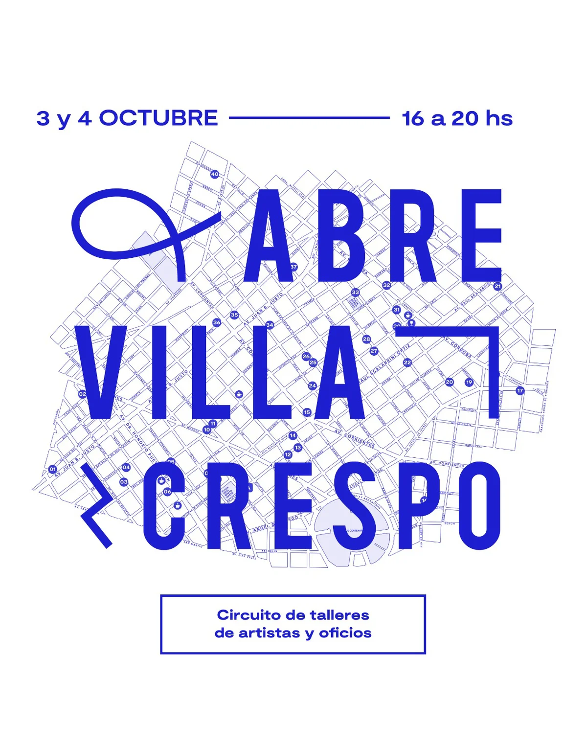 Flyer de Abre Villa Crespo: 3 y 4 de octubre, 16 a 20 h. Circuito de talleres de artistas y oficios